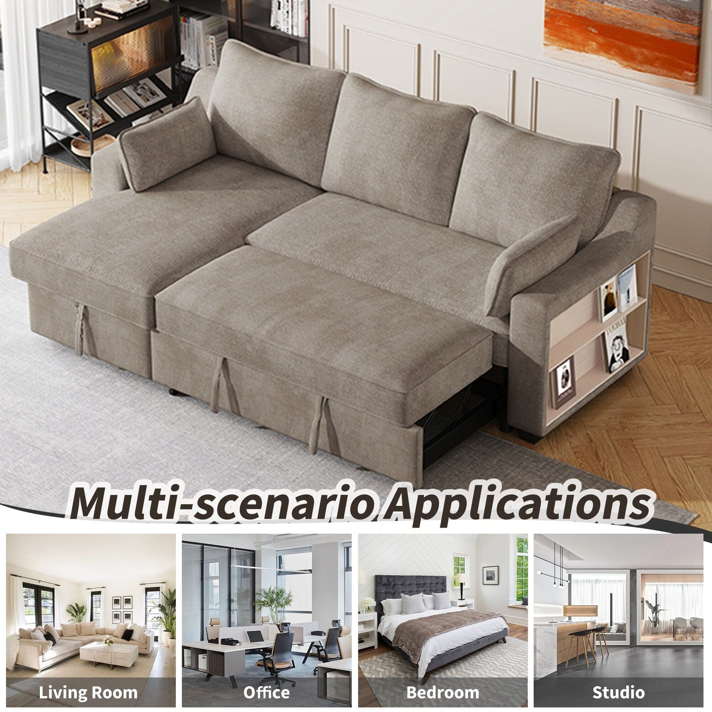 Divano letto a 3 posti a L in tessuto da 90 pollici con letto estraibile, chaise longue contenitore, porte USB e ripiani laterali portaoggetti