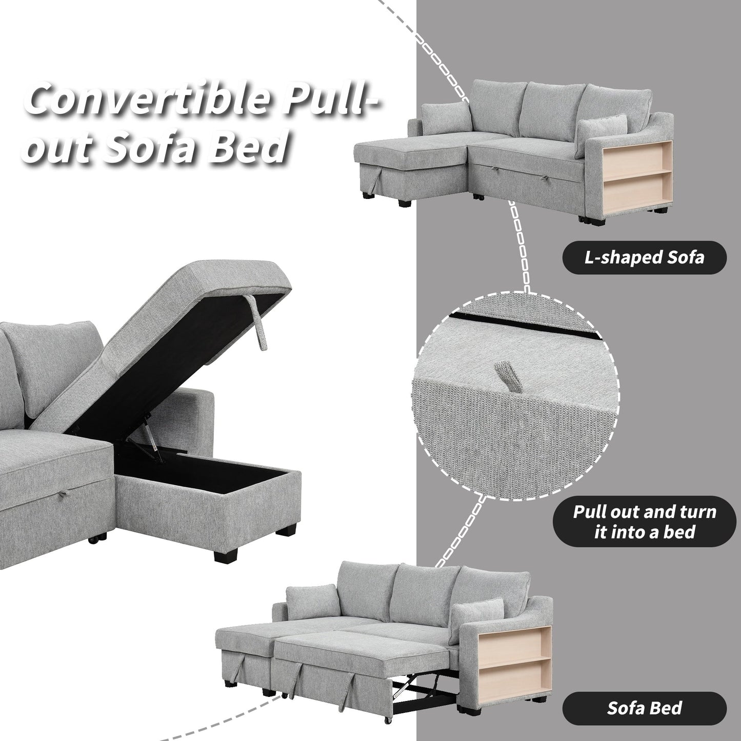 Divano letto a 3 posti a L in tessuto da 90 pollici con letto estraibile, chaise longue contenitore, porte USB e ripiani laterali portaoggetti