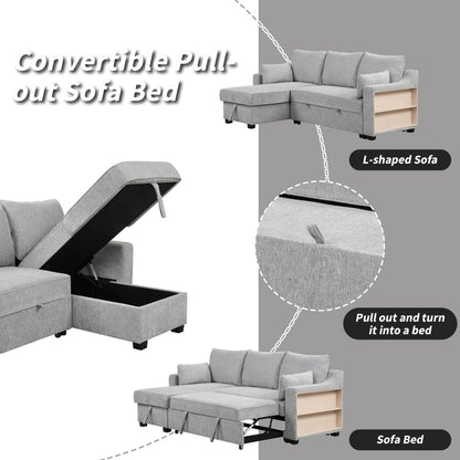 Divano letto a 3 posti a L in tessuto da 90 pollici con letto estraibile, chaise longue contenitore, porte USB e ripiani laterali portaoggetti