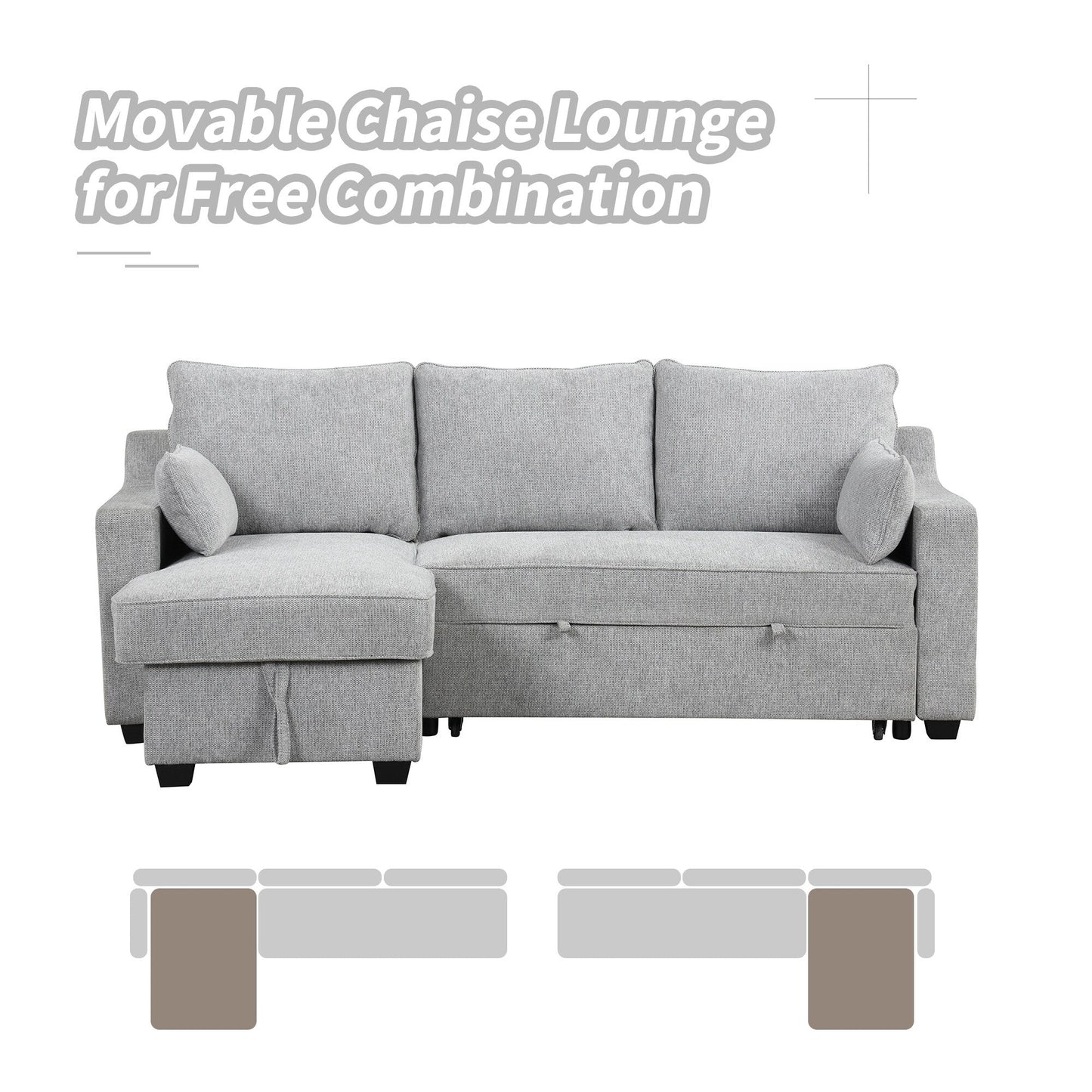 Divano letto a 3 posti a L in tessuto da 90 pollici con letto estraibile, chaise longue contenitore, porte USB e ripiani laterali portaoggetti