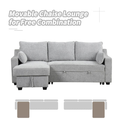 Divano letto a 3 posti a L in tessuto da 90 pollici con letto estraibile, chaise longue contenitore, porte USB e ripiani laterali portaoggetti