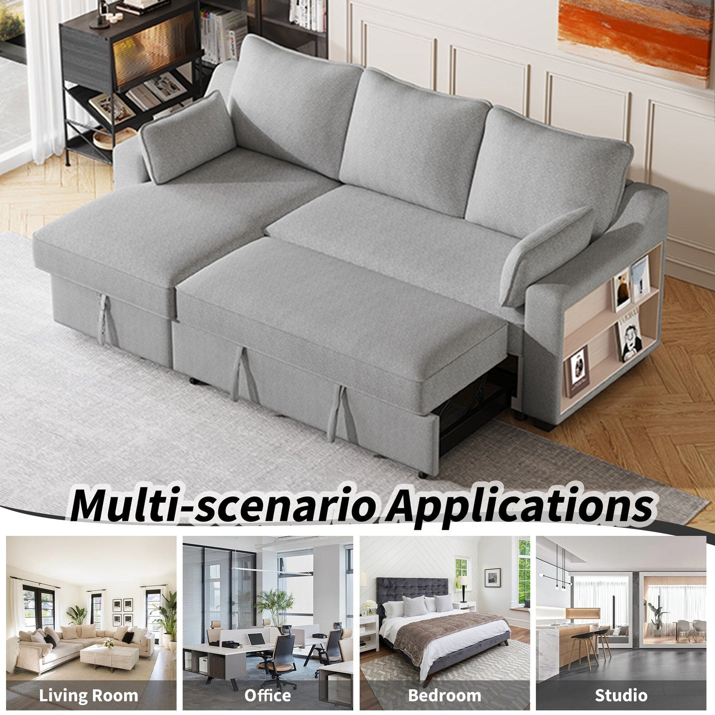 Divano letto a 3 posti a L in tessuto da 90 pollici con letto estraibile, chaise longue contenitore, porte USB e ripiani laterali portaoggetti