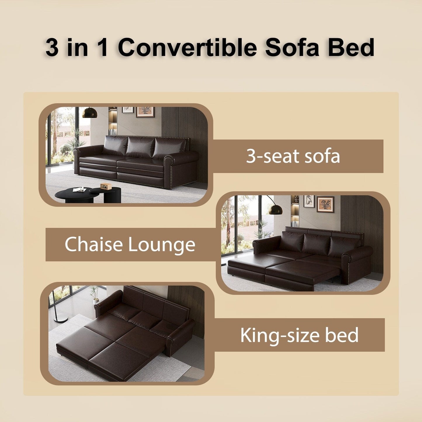 Divano letto a 3 posti in similpelle con chaise longue, stile retrò, con finiture a rivetto, 93,70
