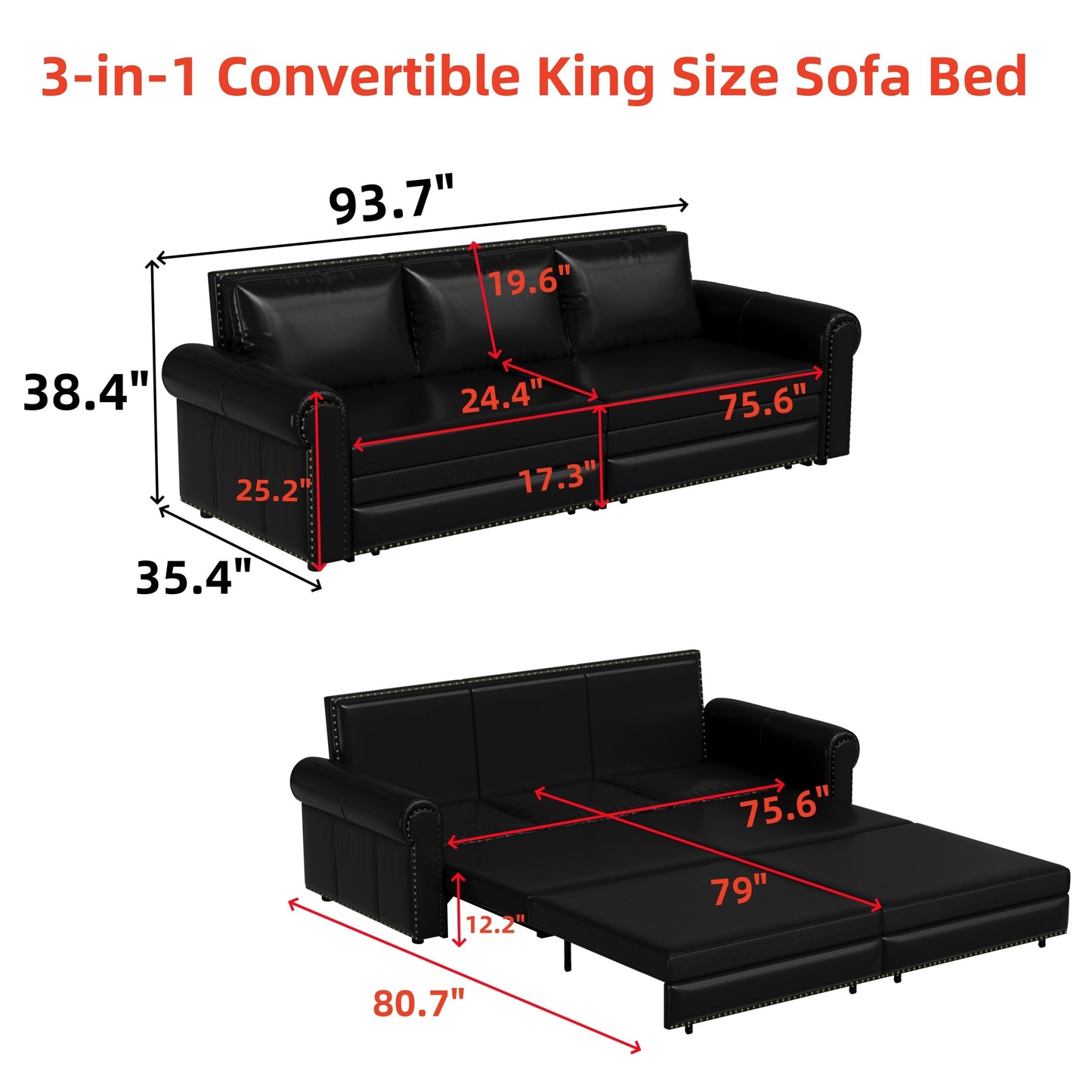 Divano letto a 3 posti in similpelle con chaise longue, stile retrò, con finiture a rivetto, 93,70