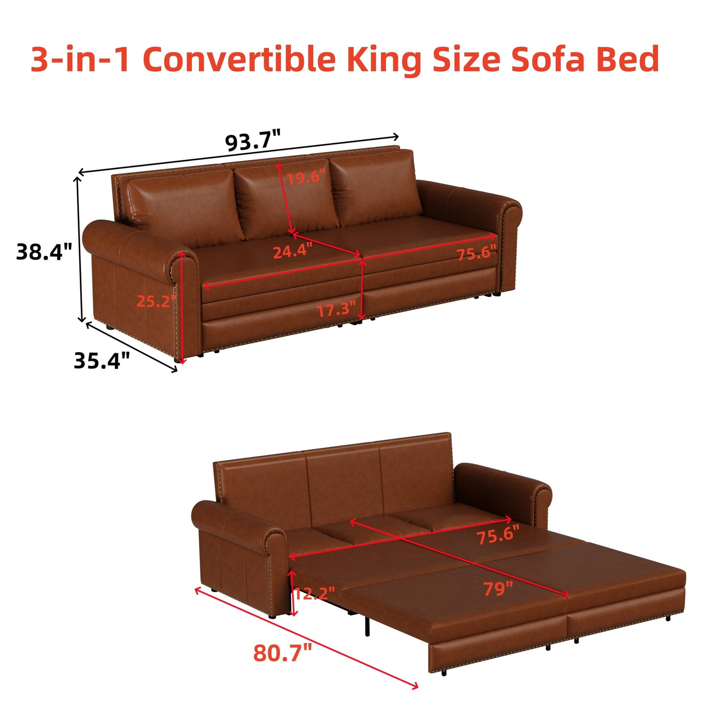 Divano letto a 3 posti in similpelle con chaise longue, stile retrò, con finiture a rivetto, 93,70