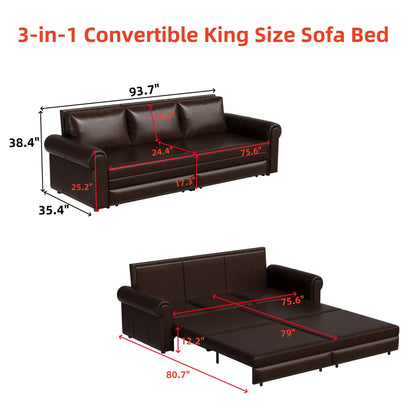 Divano letto a 3 posti in similpelle con chaise longue, stile retrò, con finiture a rivetto, 93,70