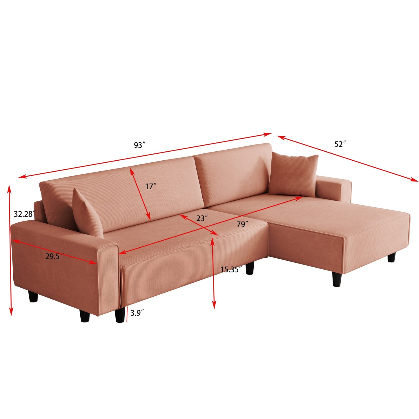 Divano letto convertibile in velluto a coste da 93'' a 3 posti con chaise longue regolabile, due cuscini e spazio di archiviazione - Design salvaspazio