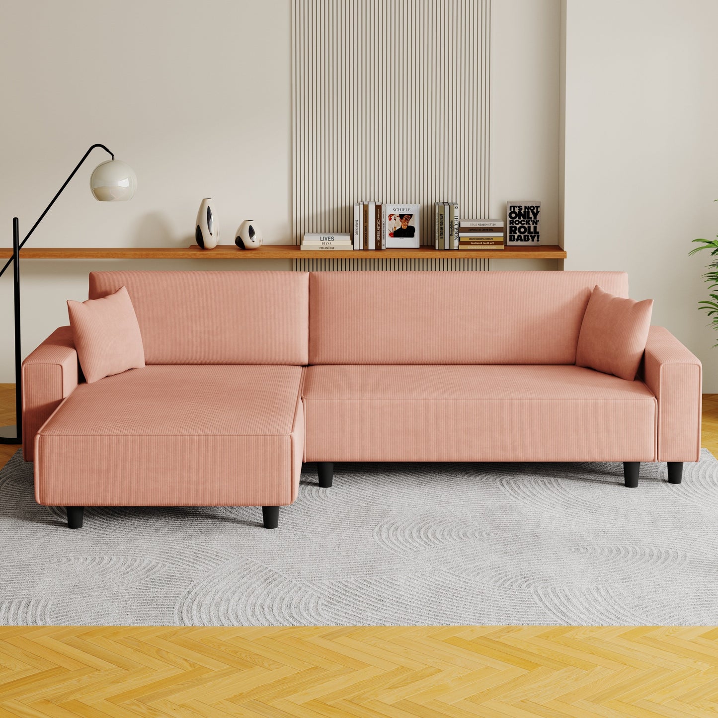 Divano letto convertibile in velluto a coste da 93'' a 3 posti con chaise longue regolabile, due cuscini e spazio di archiviazione - Design salvaspazio