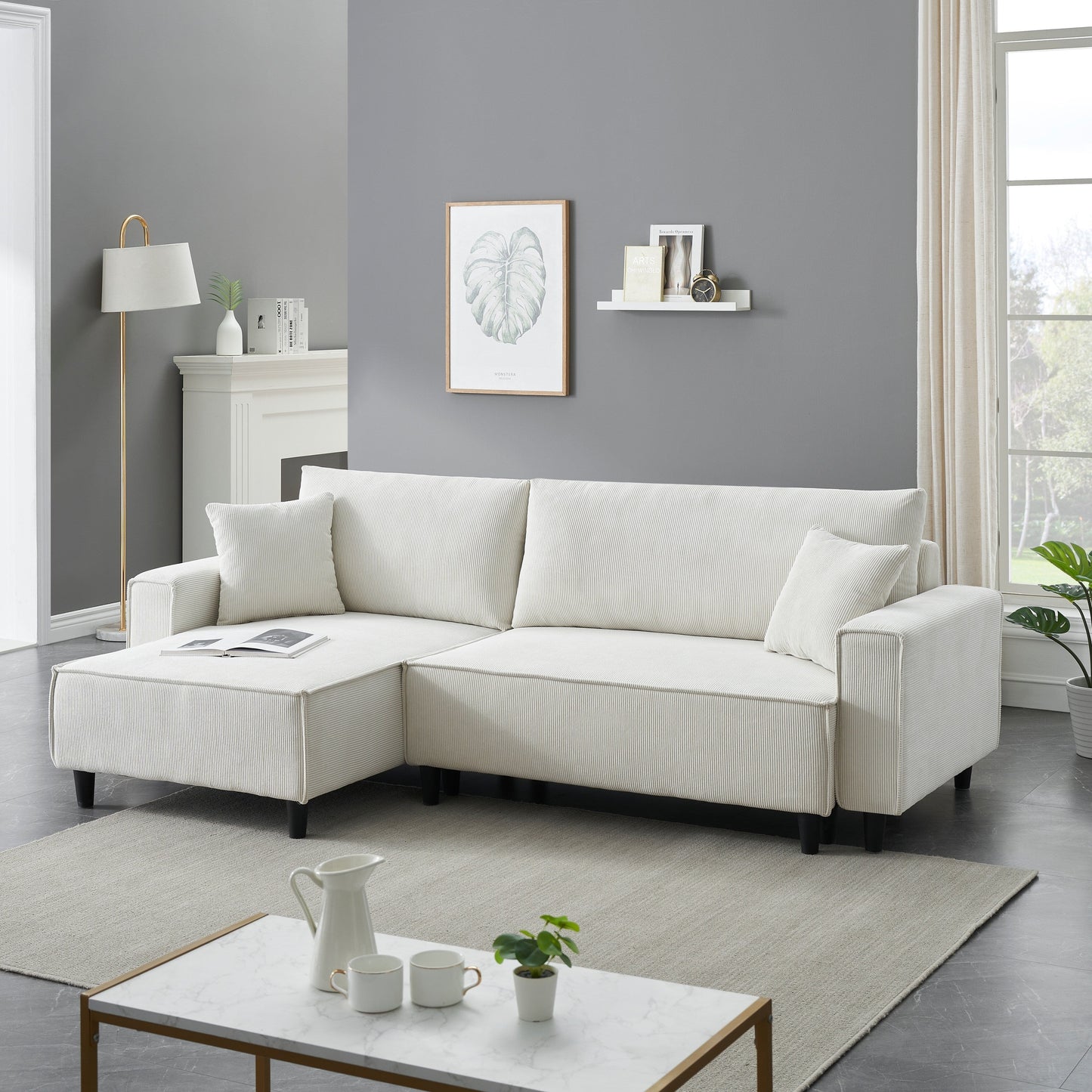 Divano letto convertibile in velluto a coste da 93'' a 3 posti con chaise longue regolabile, due cuscini e spazio di archiviazione - Design salvaspazio