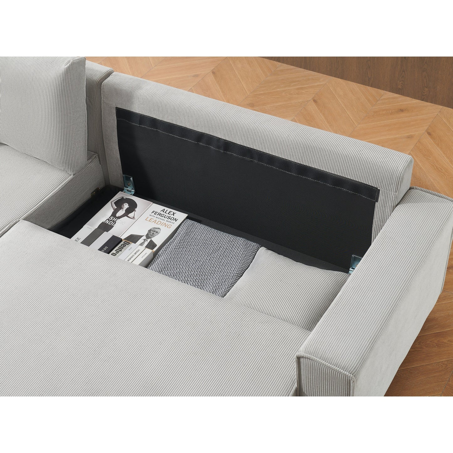 Divano letto convertibile in velluto a coste da 93'' a 3 posti con chaise longue regolabile, due cuscini e spazio di archiviazione - Design salvaspazio