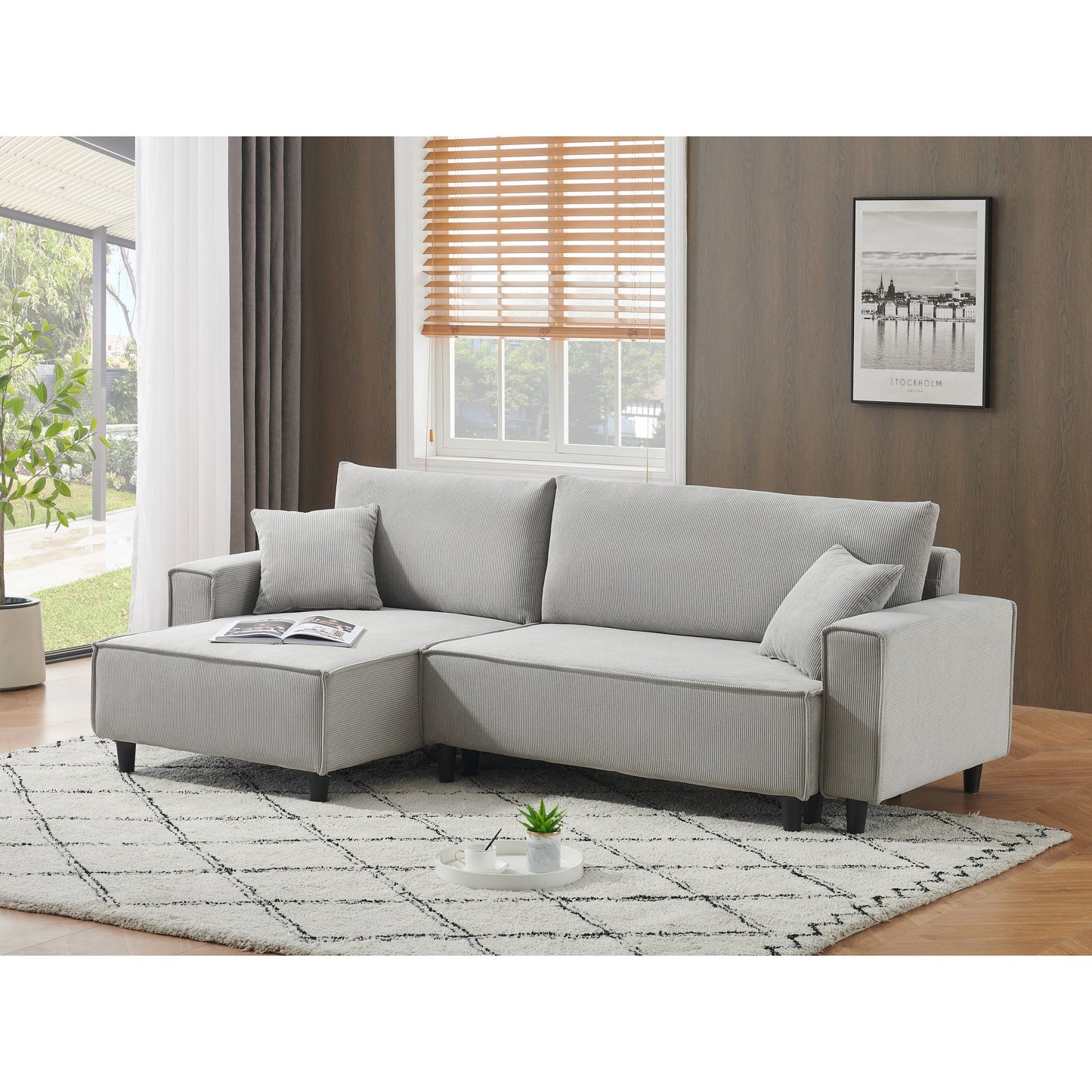 Divano letto convertibile in velluto a coste da 93'' a 3 posti con chaise longue regolabile, due cuscini e spazio di archiviazione - Design salvaspazio