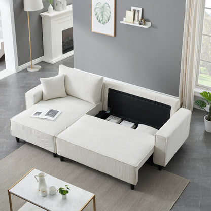 Divano letto convertibile in velluto a coste da 93'' a 3 posti con chaise longue regolabile, due cuscini e spazio di archiviazione - Design salvaspazio