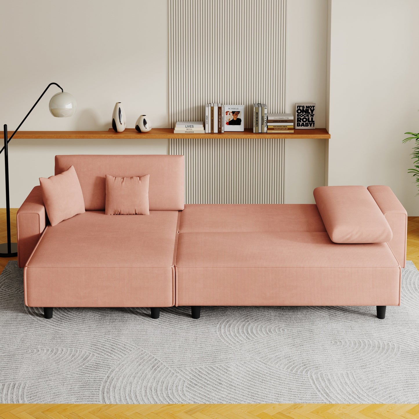 Divano letto convertibile in velluto a coste da 93'' a 3 posti con chaise longue regolabile, due cuscini e spazio di archiviazione - Design salvaspazio