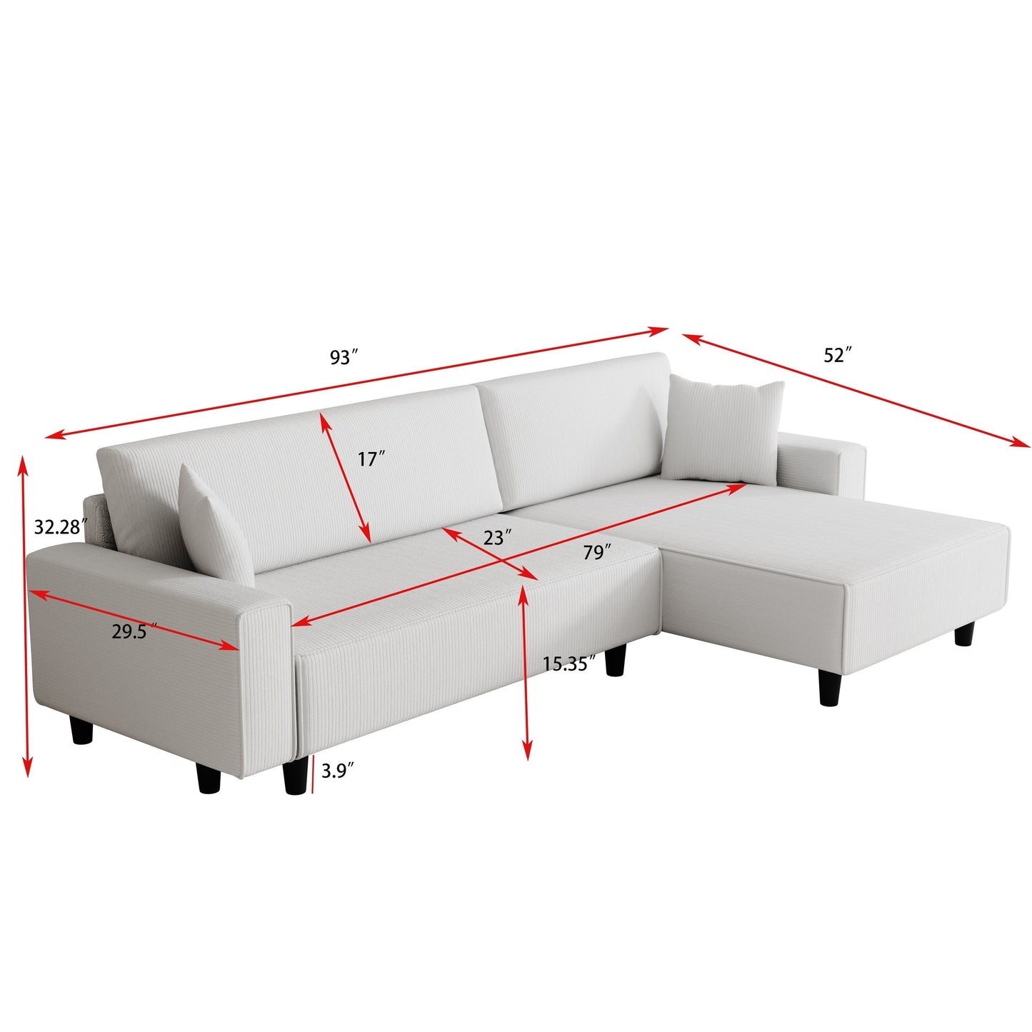 Divano letto convertibile in velluto a coste da 93'' a 3 posti con chaise longue regolabile, due cuscini e spazio di archiviazione - Design salvaspazio