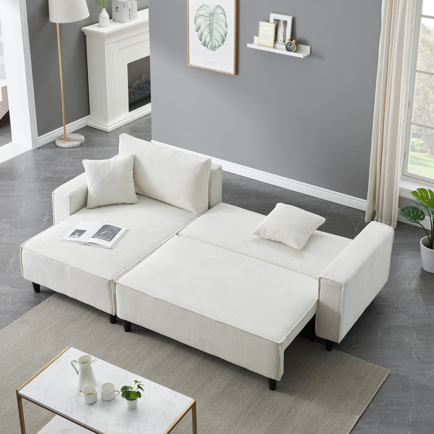 Divano letto convertibile in velluto a coste da 93'' a 3 posti con chaise longue regolabile, due cuscini e spazio di archiviazione - Design salvaspazio