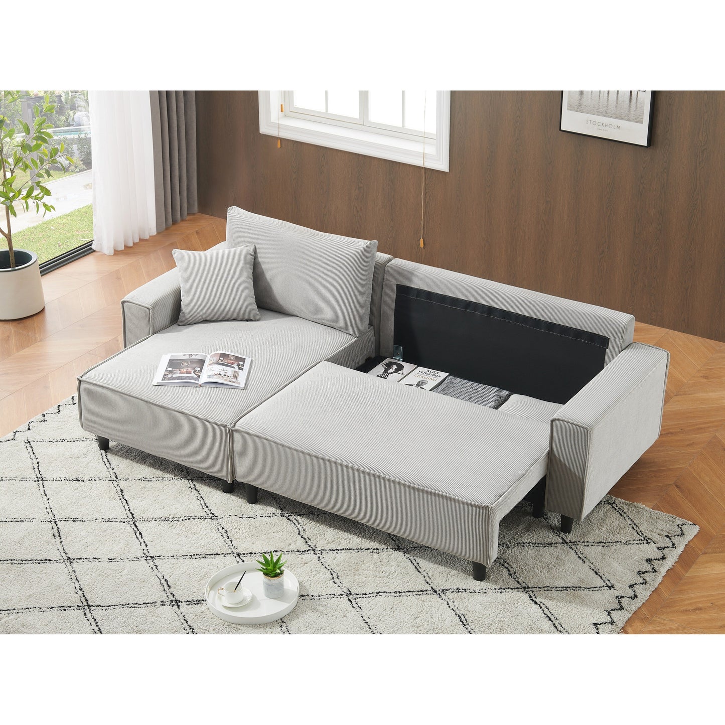 Divano letto convertibile in velluto a coste da 93'' a 3 posti con chaise longue regolabile, due cuscini e spazio di archiviazione - Design salvaspazio