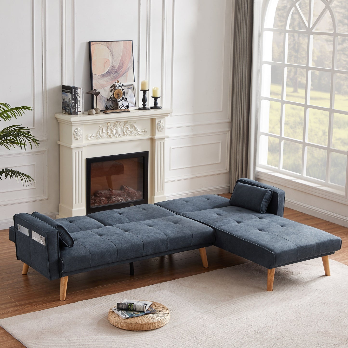 Divano trasformabile in lino da 94,5'' a 3 posti: chaise longue destra, imbottitura in schiuma, borsa organizer e braccioli quadrati