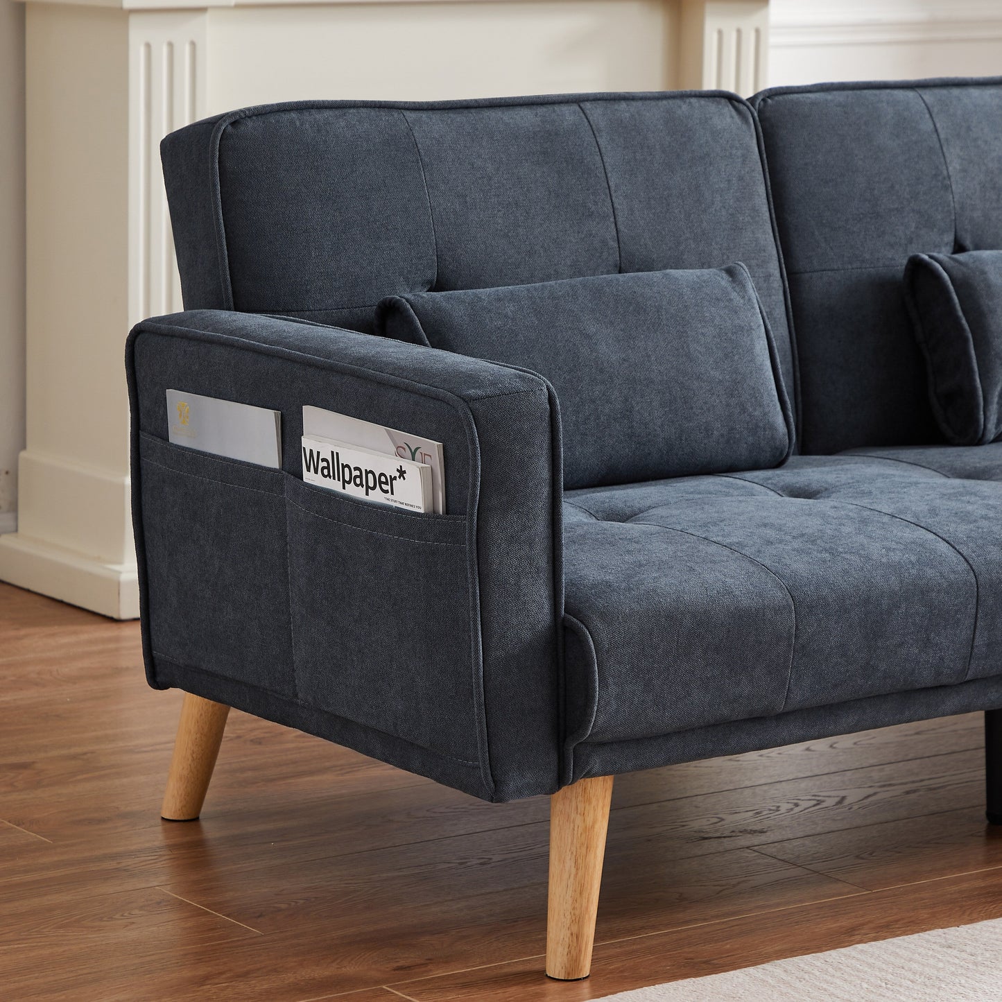 Divano componibile convertibile in lino da 94,5'' a 3 posti con contenitore, chaise longue destra, cuscini in schiuma e struttura in legno massello
