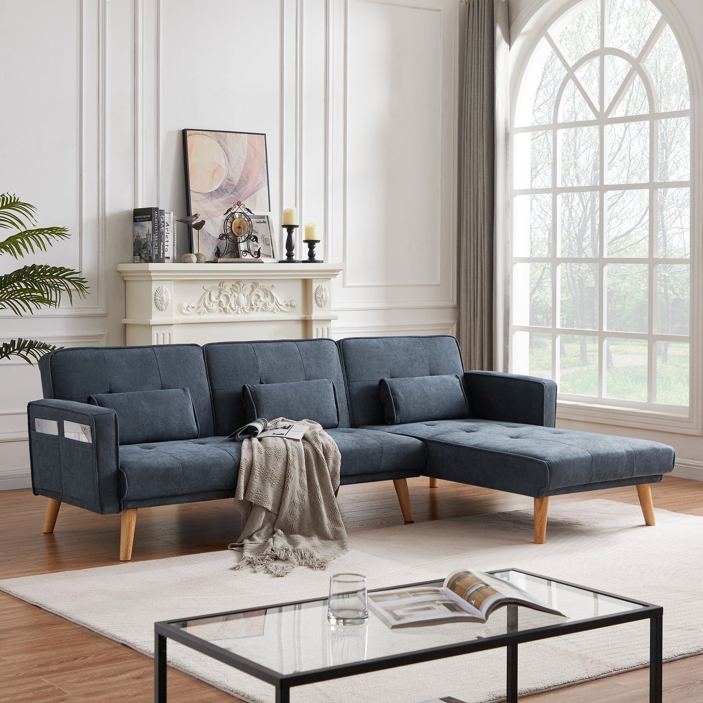 Divano componibile convertibile in lino da 94,5'' a 3 posti con contenitore, chaise longue destra, cuscini in schiuma e struttura in legno massello