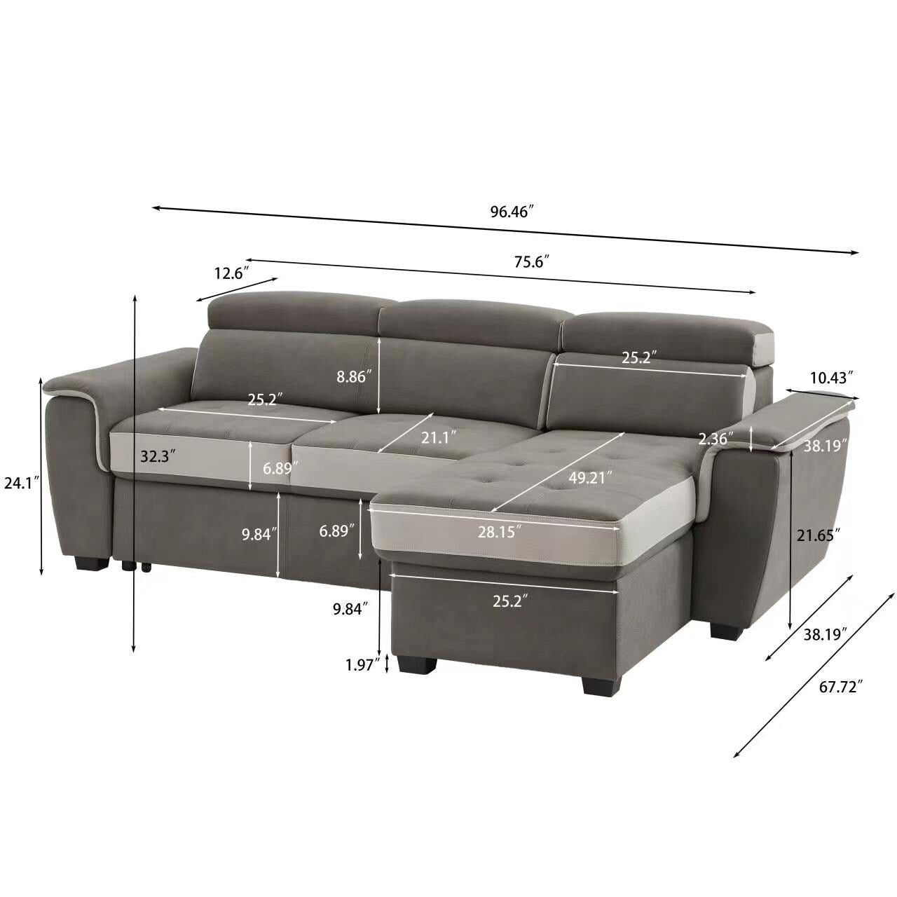 Divano letto largo 96 con chaise longue reversibile e letto estraibile