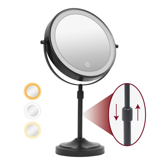 Specchio per il trucco illuminato a 9 LED, specchio ingranditore bifacciale con ingrandimento 1X/10x, 3 colori di illuminazione