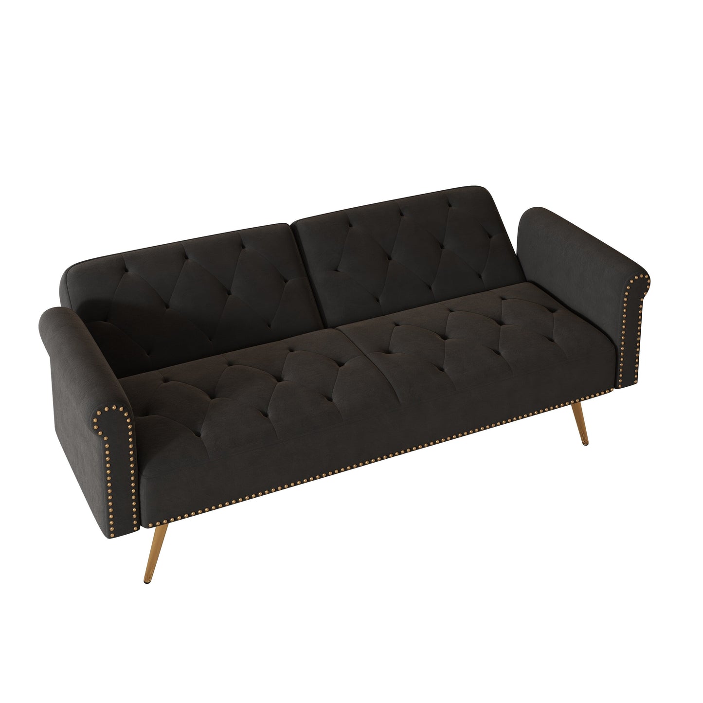 Un divano letto lungo 69,7 pollici rivestito in tessuto di velluto, con finiture a borchie e accompagnato da un cuscino coordinato.