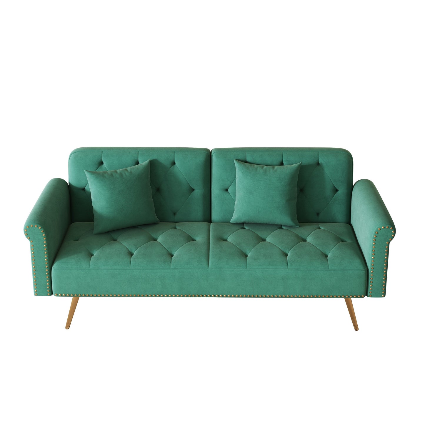 Un divano letto lungo 69,7 pollici rivestito in tessuto di velluto, con finiture a borchie e accompagnato da un cuscino coordinato.
