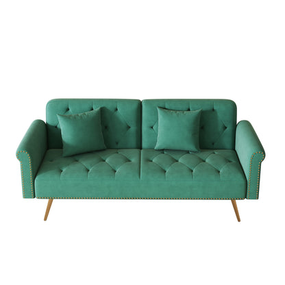 Un divano letto lungo 69,7 pollici rivestito in tessuto di velluto, con finiture a borchie e accompagnato da un cuscino coordinato.