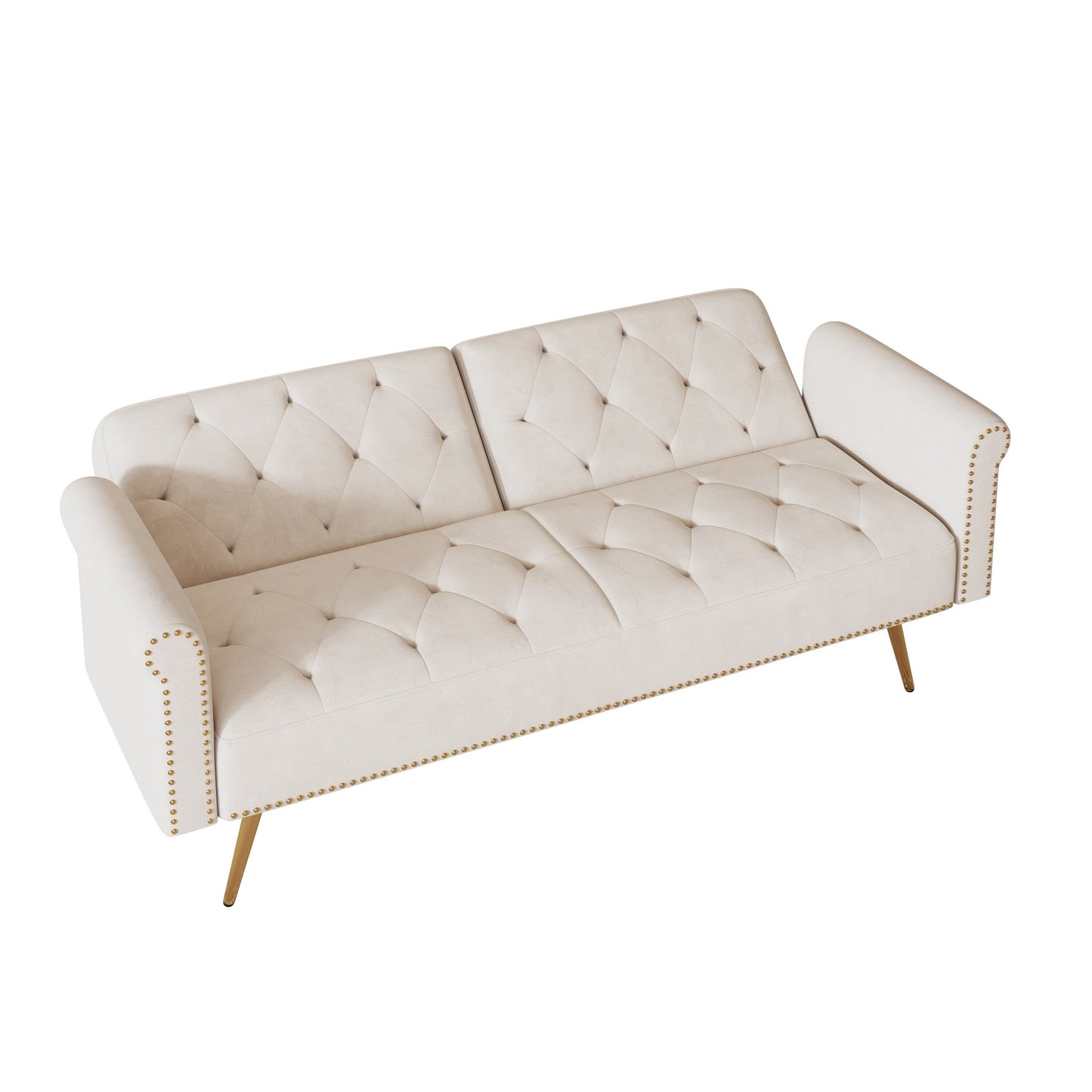 Un divano letto lungo 69,7 pollici rivestito in tessuto di velluto, con finiture a borchie e accompagnato da un cuscino coordinato.