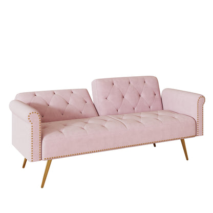 Un divano letto lungo 69,7 pollici rivestito in tessuto di velluto, con finiture a borchie e accompagnato da un cuscino coordinato.