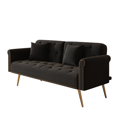 Un divano letto lungo 69,7 pollici rivestito in tessuto di velluto, con finiture a borchie e accompagnato da un cuscino coordinato.