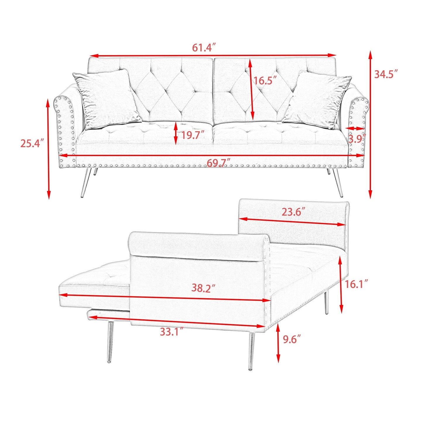 Un divano letto lungo 69,7 pollici rivestito in tessuto di velluto beige, con finiture a borchie e accompagnato da un cuscino coordinato.