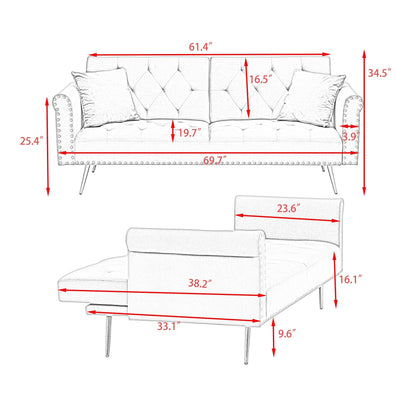 Un divano letto lungo 69,7 pollici rivestito in tessuto di velluto beige, con finiture a borchie e accompagnato da un cuscino coordinato.
