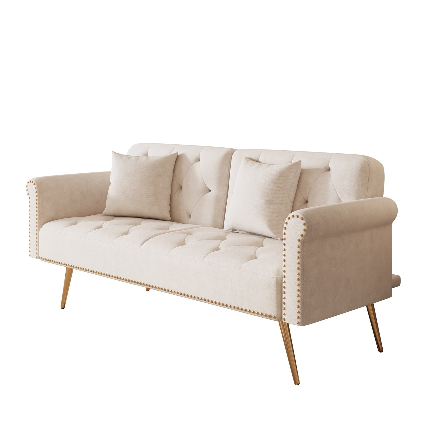 Un divano letto lungo 69,7 pollici rivestito in tessuto di velluto beige, con finiture a borchie e accompagnato da un cuscino coordinato.