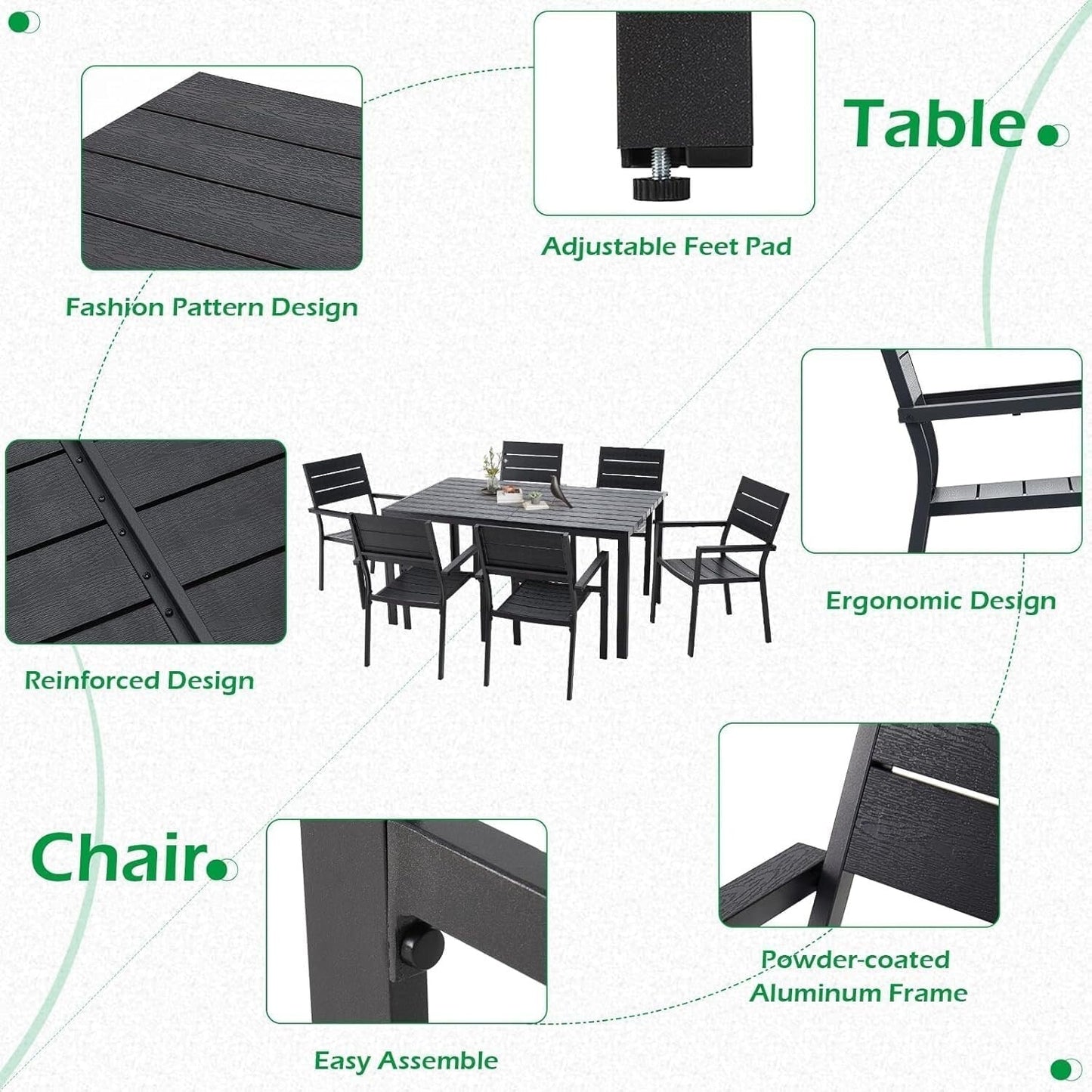 Set da pranzo per esterni AECOJOY da 7 pezzi, tavolo e sedie da patio in alluminio 60 x 36 per 6 persone con tavolo rettangolare