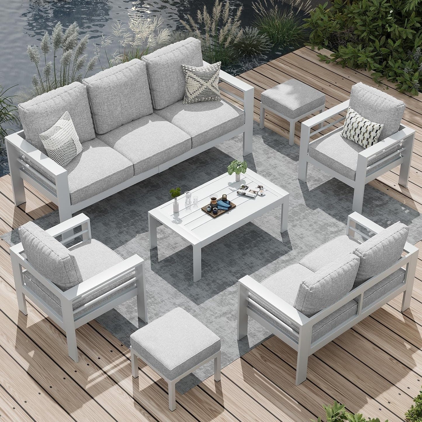 AECOJOY Set di mobili da giardino in alluminio da 7 pezzi, set da conversazione all'aperto