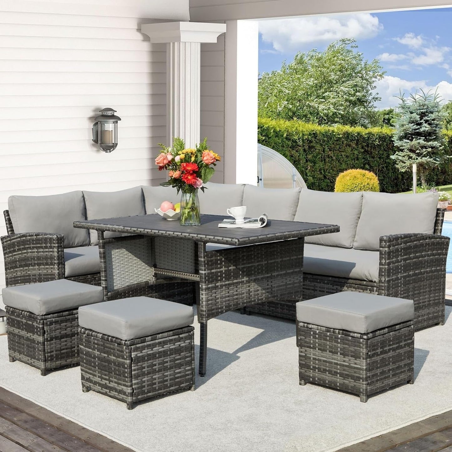 AECOJOY Set di mobili da giardino da 7 pezzi, divano componibile da esterno, set da conversazione in rattan