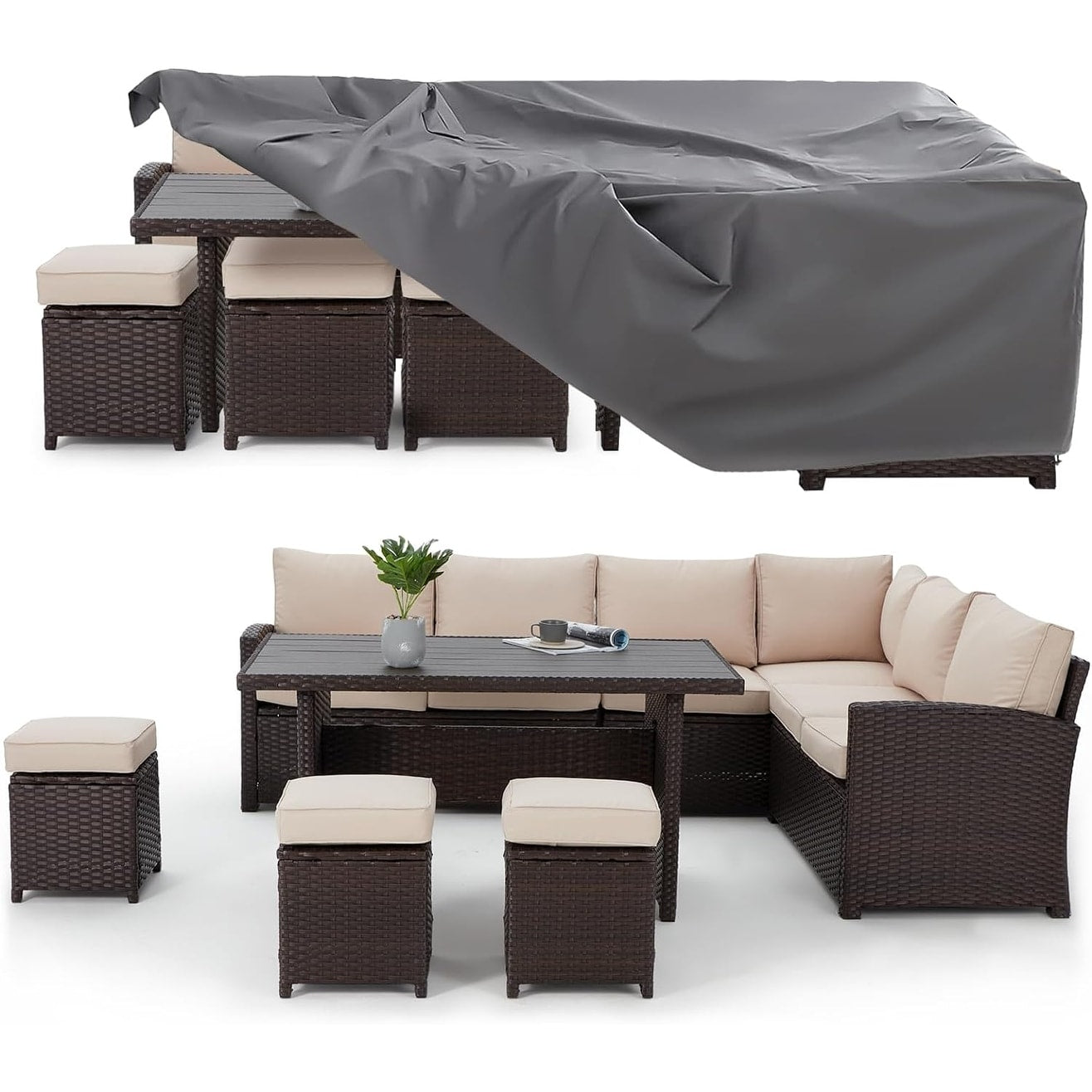 AECOJOY Set di mobili da giardino da 7 pezzi, divano componibile da esterno, set da conversazione in rattan
