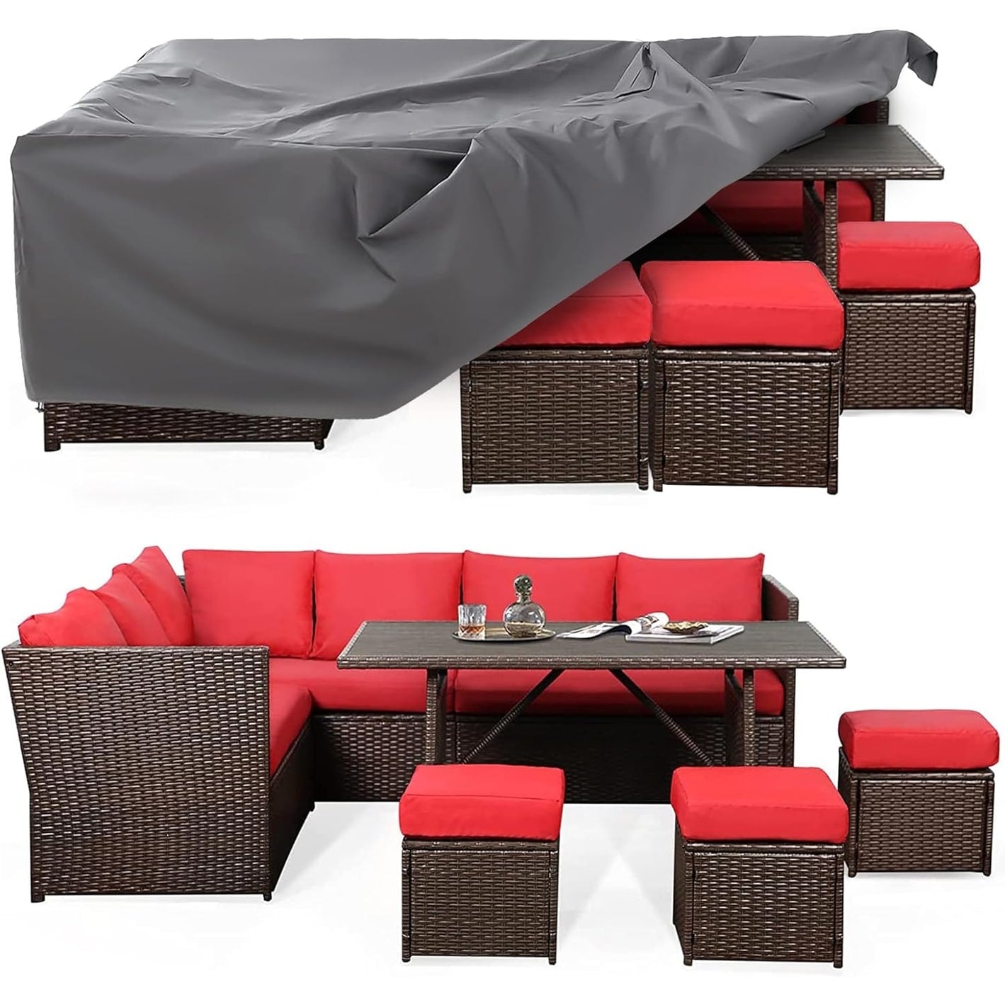 AECOJOY Set di mobili da giardino da 7 pezzi, divano componibile da esterno, set da conversazione in rattan