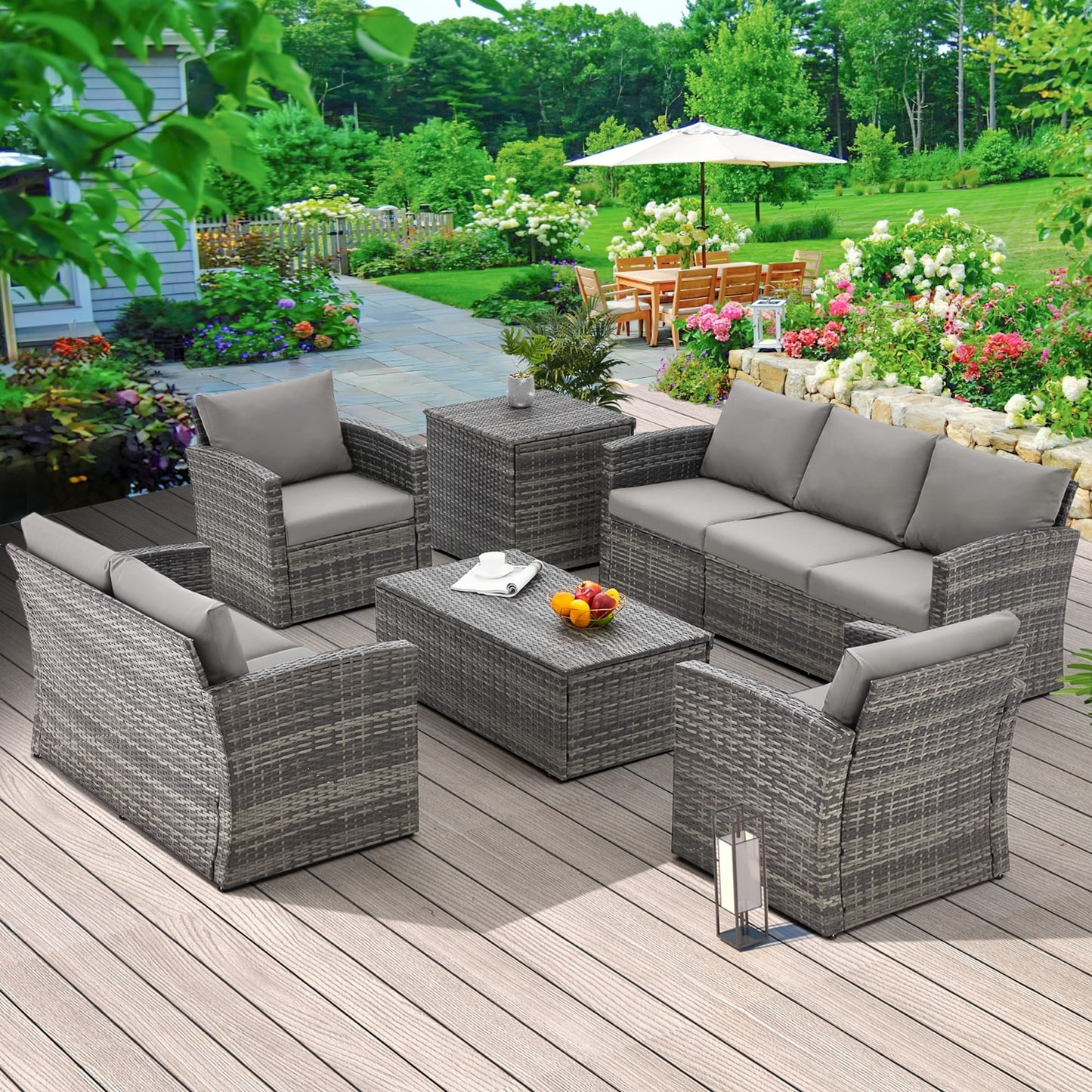 AECOJOY - Set di mobili da esterno in vimini con divano componibile da 7 pezzi per patio