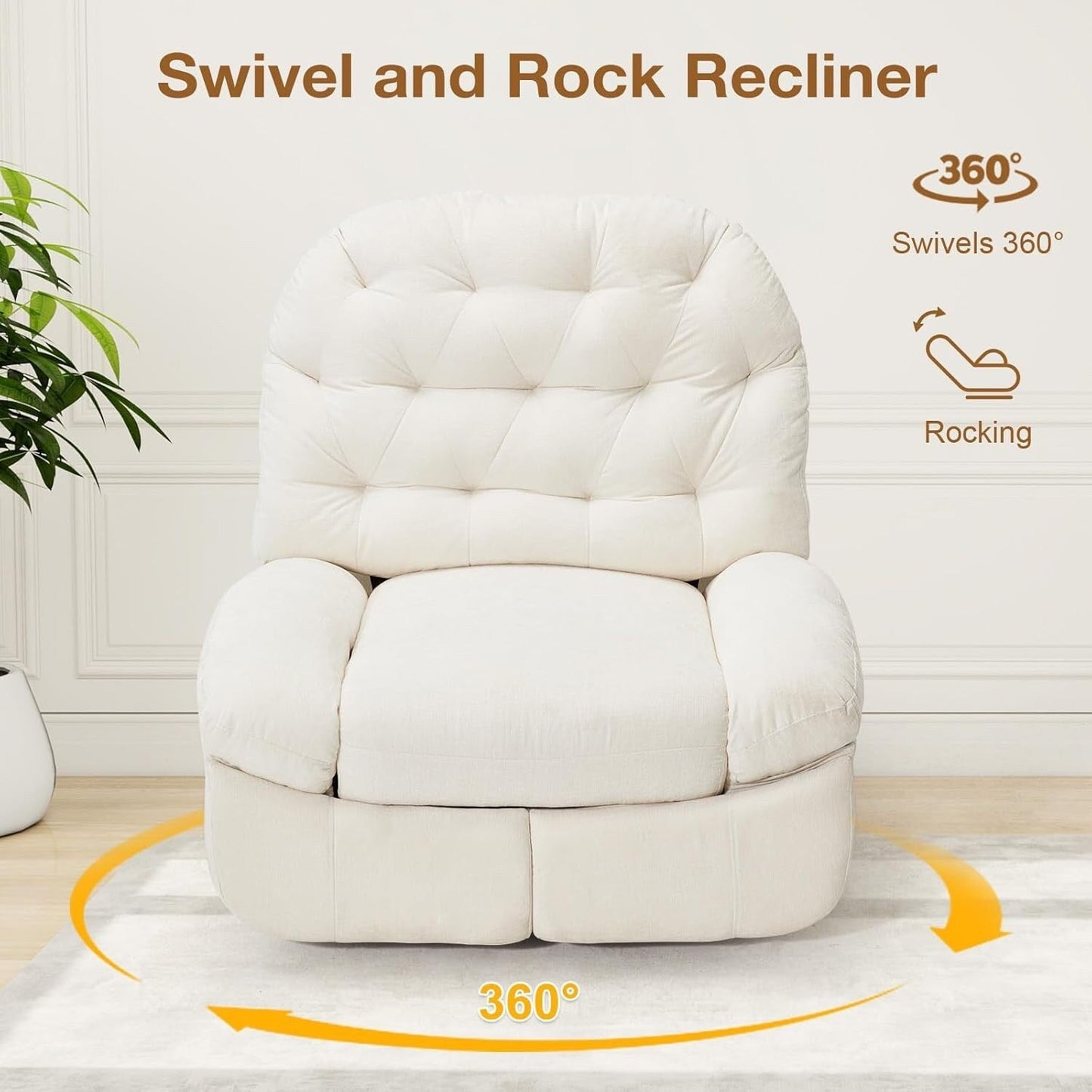 Poltrona reclinabile oversize AECOJOY, girevole a 360°, dondolo in ciniglia per adulti, moderno divano ergonomico con chaise longue