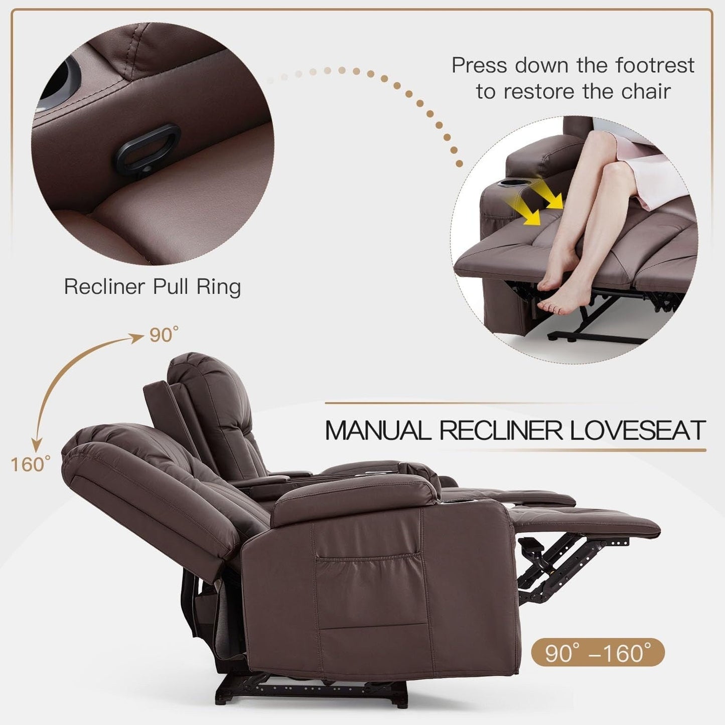 Divano reclinabile AECOJOY manuale per camper, divano reclinabile in PU per home theater con console