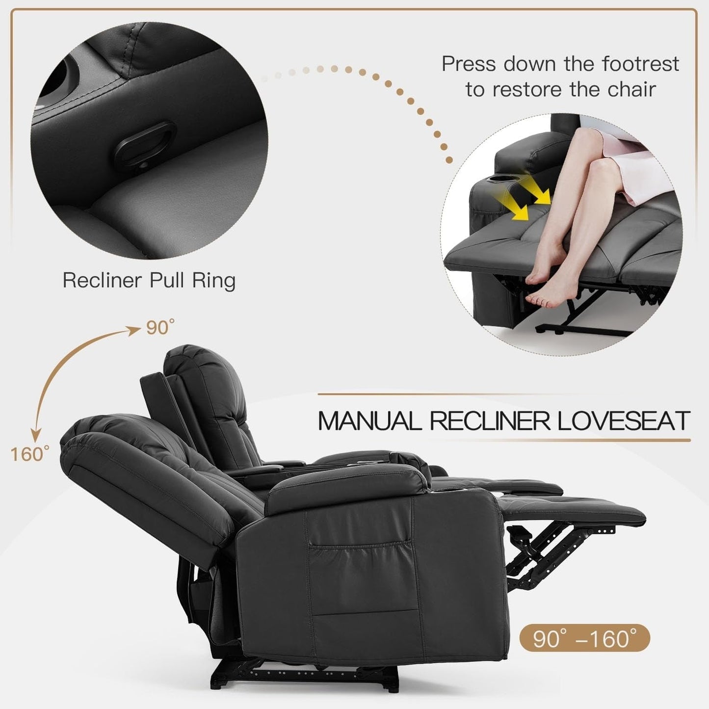 Divano reclinabile AECOJOY manuale per camper, divano reclinabile in PU per home theater con console