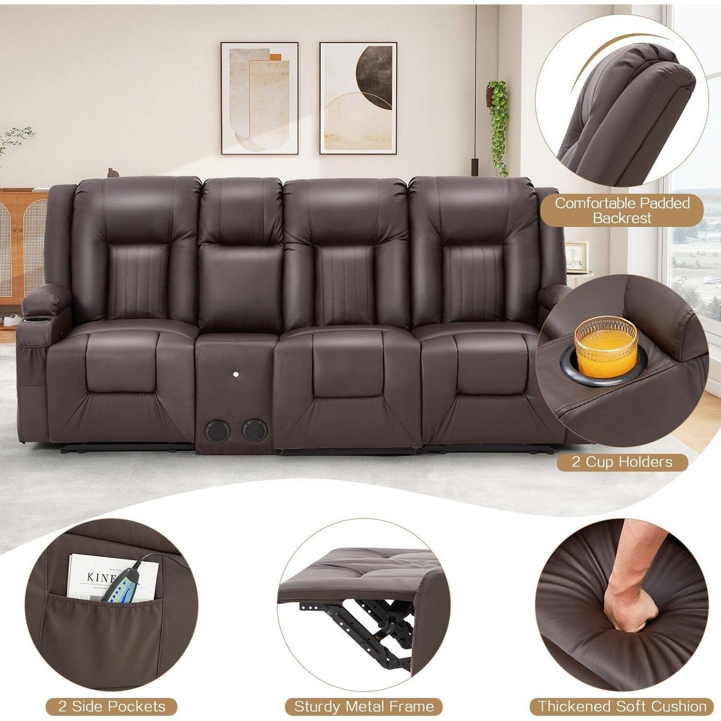 Divano reclinabile AECOJOY manuale per camper, divano reclinabile in PU per home theater con console