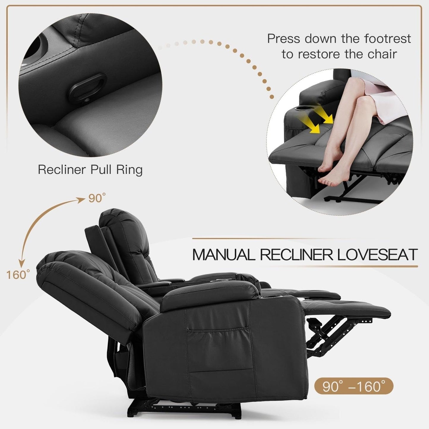 Divano reclinabile AECOJOY manuale per camper, divano reclinabile in PU per home theater con console