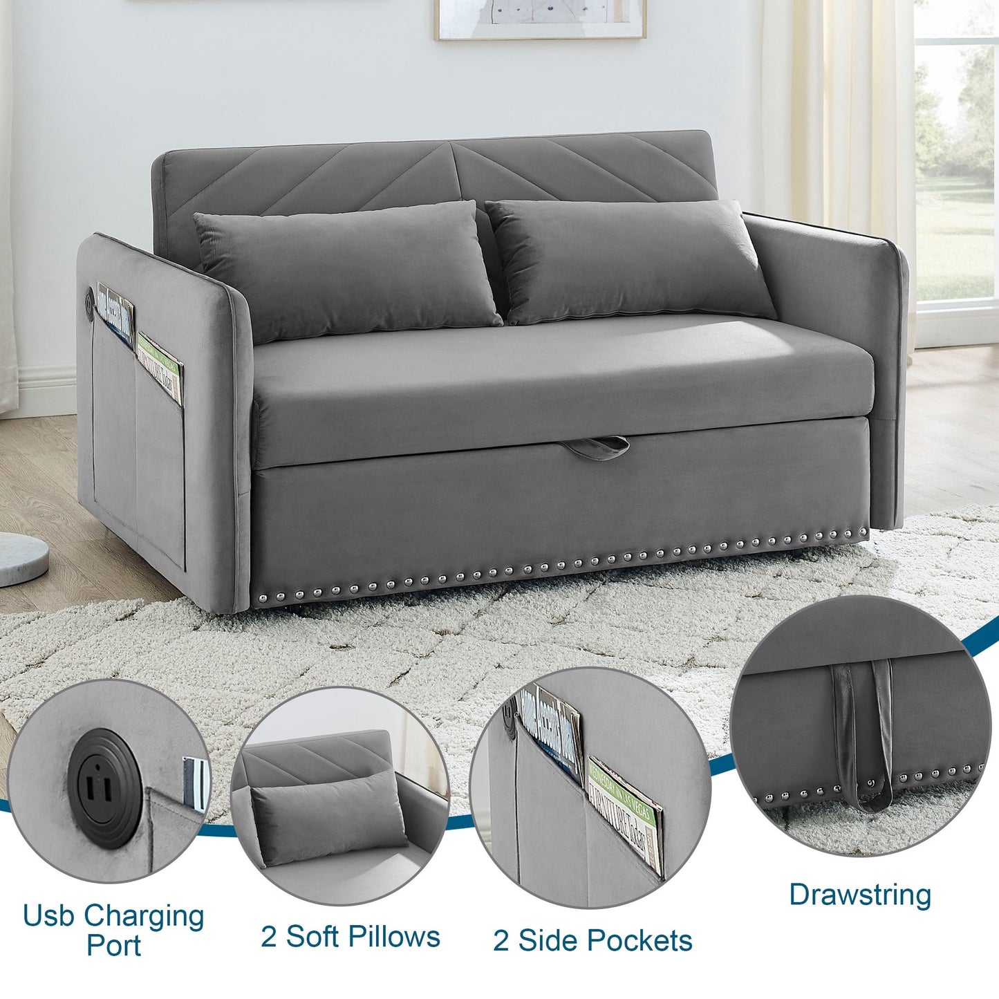 Divano letto trasformabile 3 in 1 Aukfa in velluto