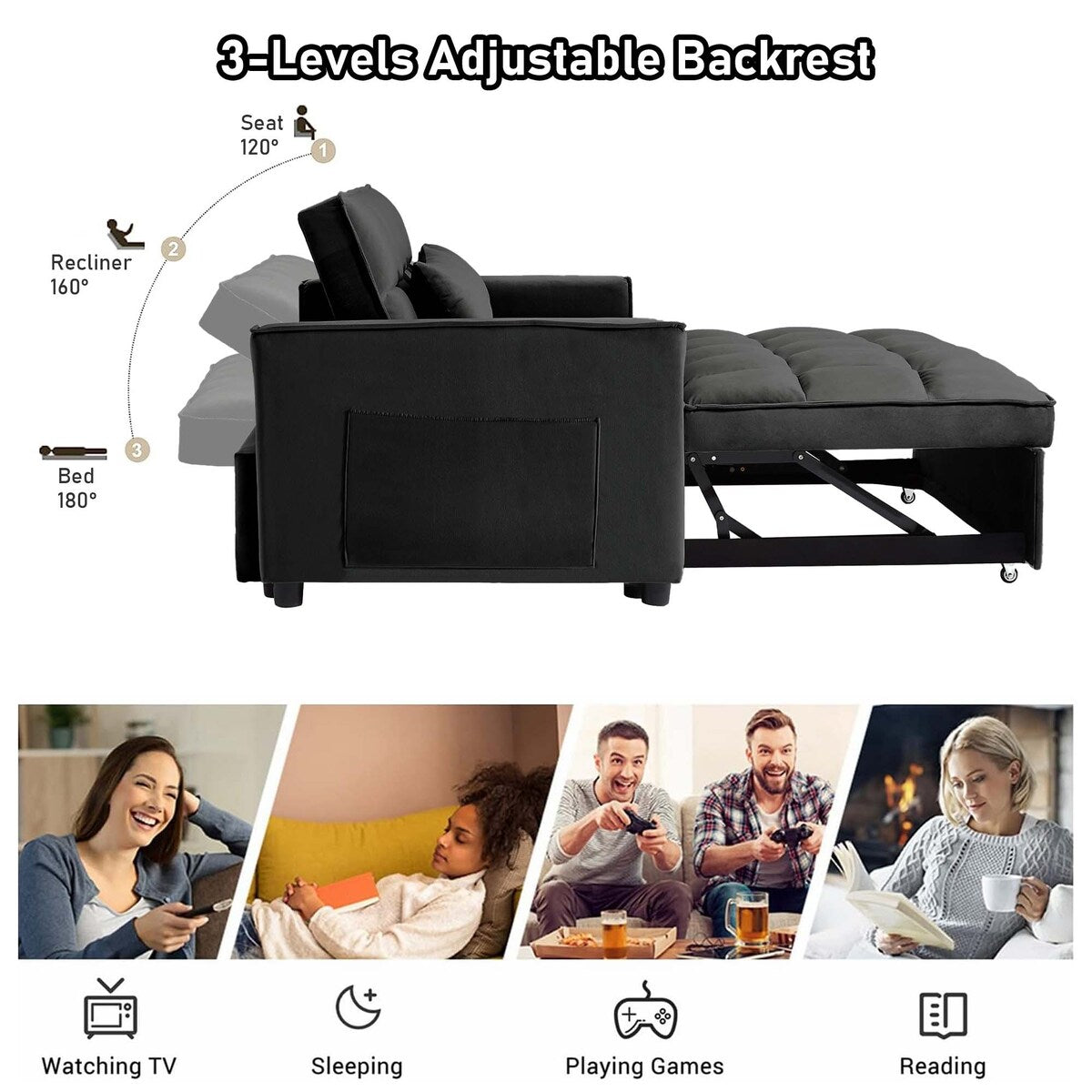 Divano letto trasformabile in velluto Aukfa con tasca laterale
