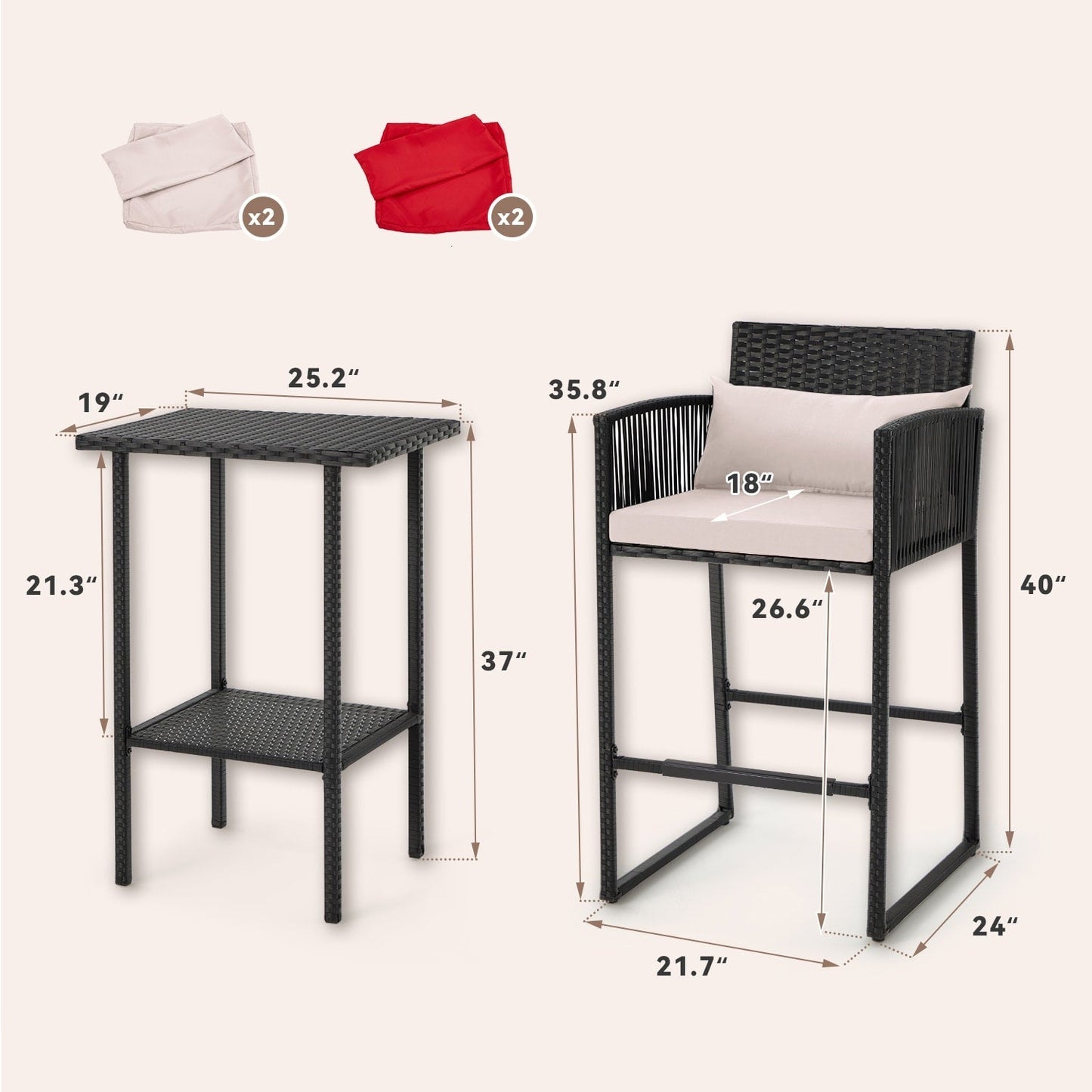 AVAWING Set da bar in vimini per patio da 3 pezzi con fodera per cuscino extra