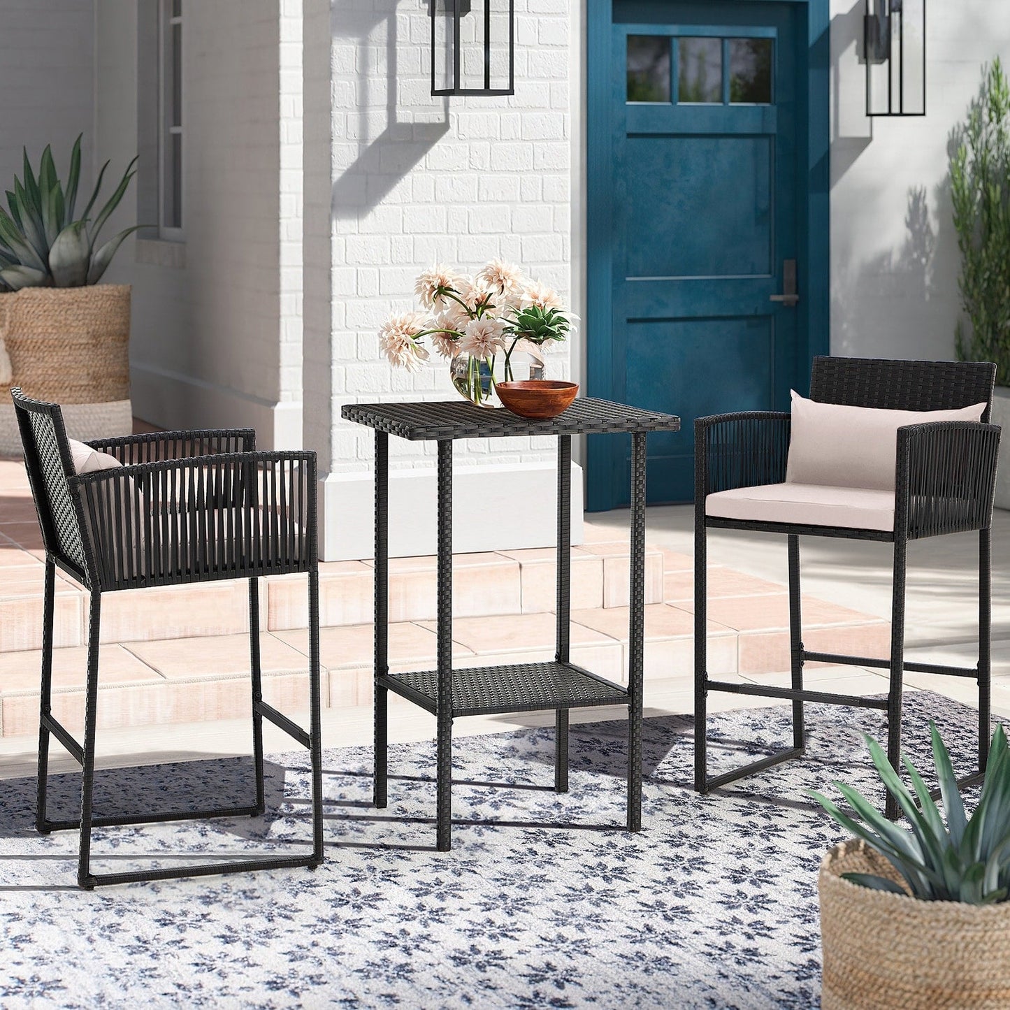 AVAWING Set da bar in vimini per patio da 3 pezzi con fodera per cuscino extra