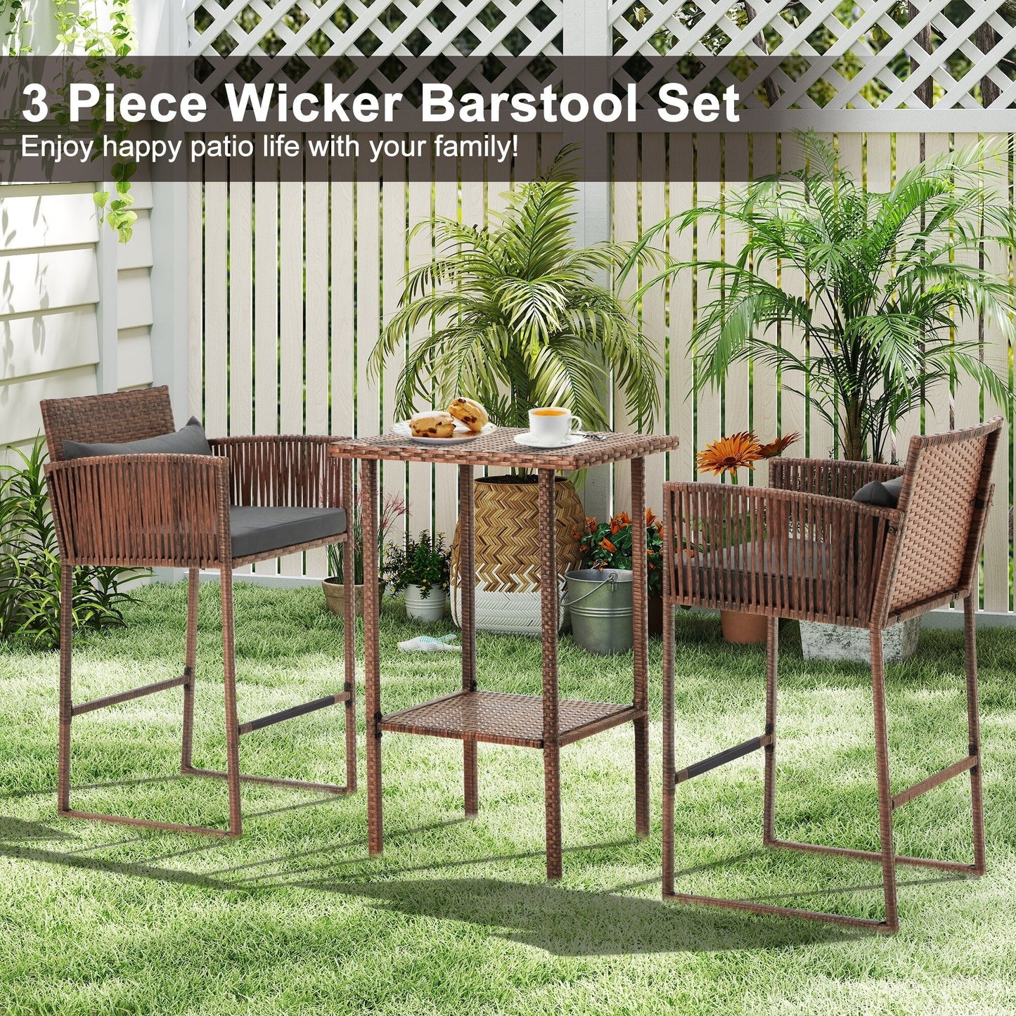 AVAWING Set da bar in vimini per patio da 3 pezzi con fodera per cuscino extra